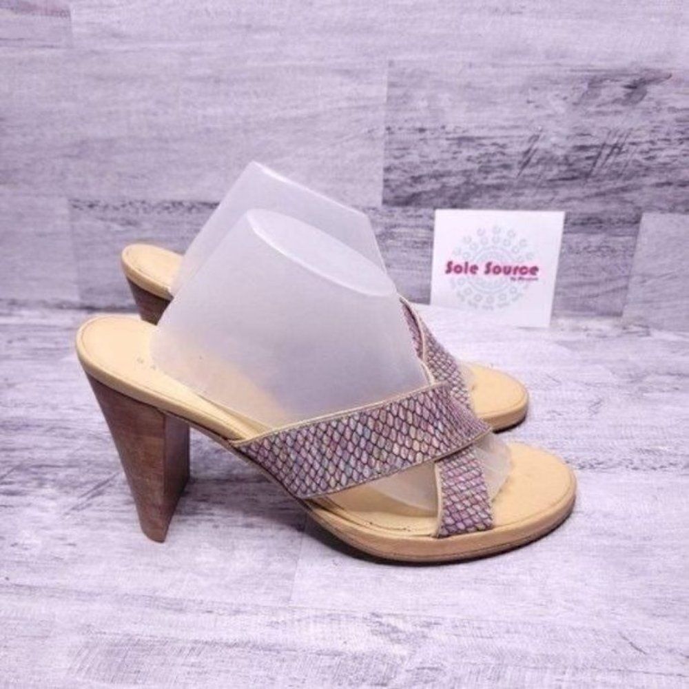 BCBG Maxazria Cross Strap Slip on Heeled Mule Sandal Multi Tan Women's sz 6.5